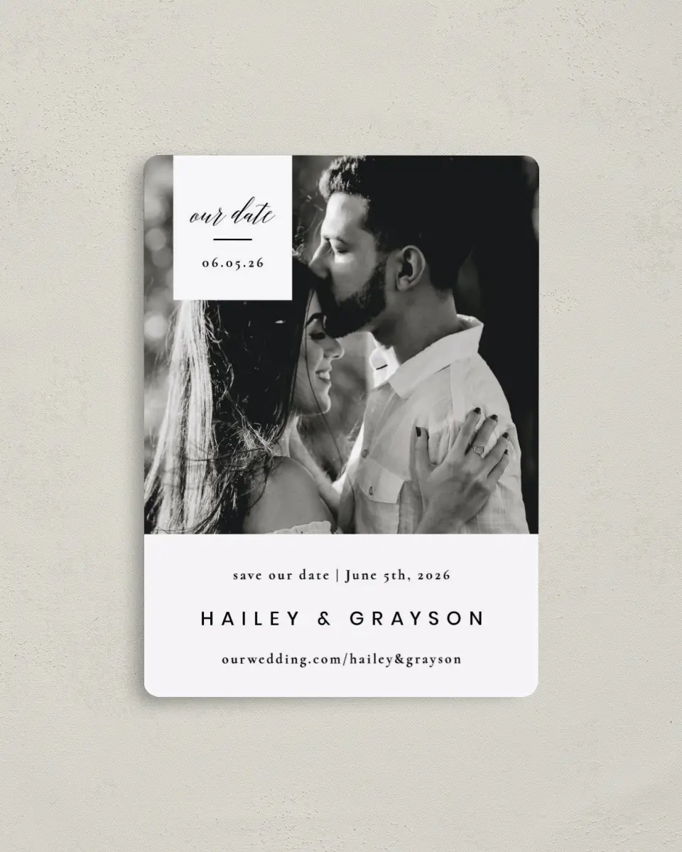 This is a 4" x 5½" Save the Date Magnet called Choice Love printed in full color with a Luxe Satin finish