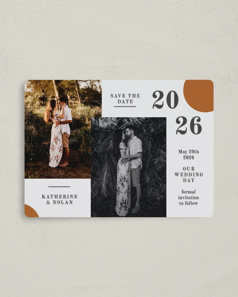 This is a 4" x 5½" Save the Date Magnet called Glory Day printed in full color with a Luxe Satin finish