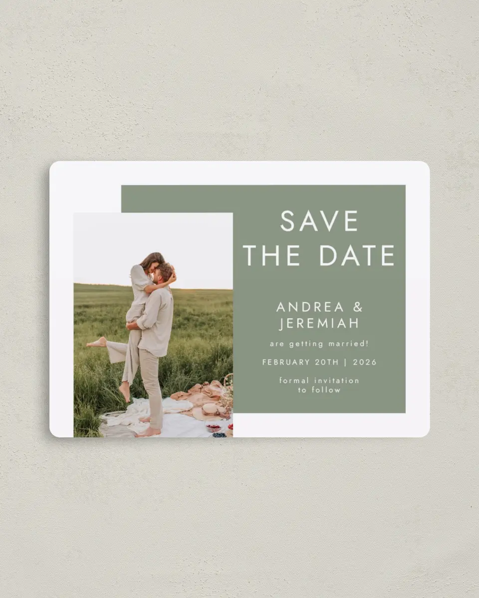 This is a 4" x 5½" Save the Date Magnet called Boxed Beau printed in full color with a Luxe Satin finish
