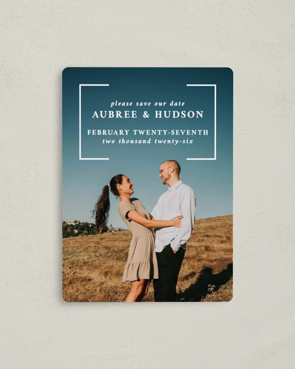 This is a 4" x 5½" Save the Date Magnet called Bright Brace printed in full color with a Luxe Satin finish