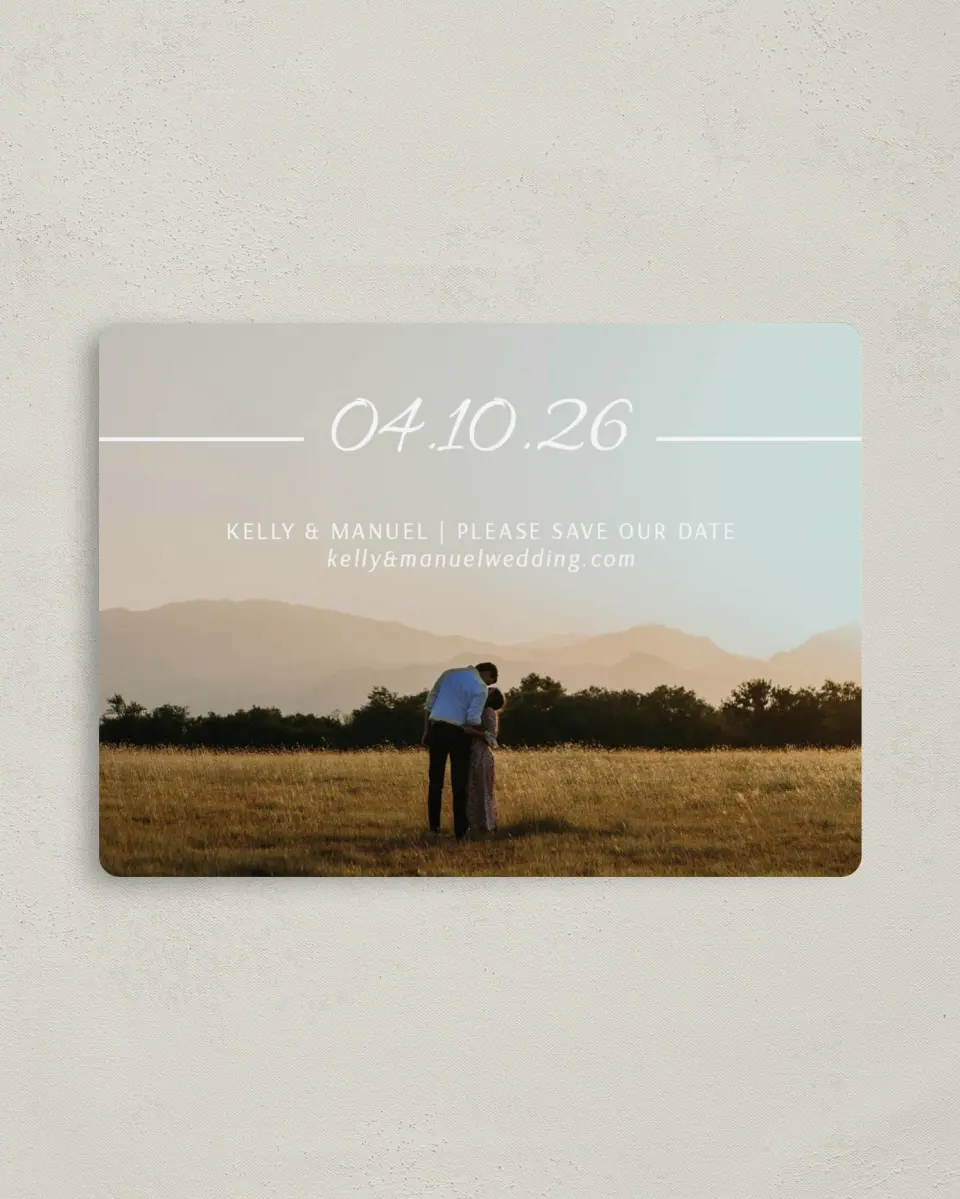This is a 4" x 5½" Save the Date Magnet called Expansive Line printed in full color with a Luxe Satin finish