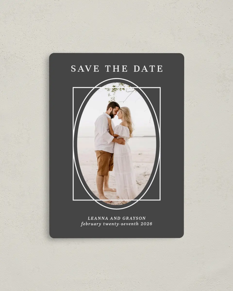 This is a 4" x 5½" Save the Date Magnet called Graphic Enclosure printed in full color with a Luxe Satin finish
