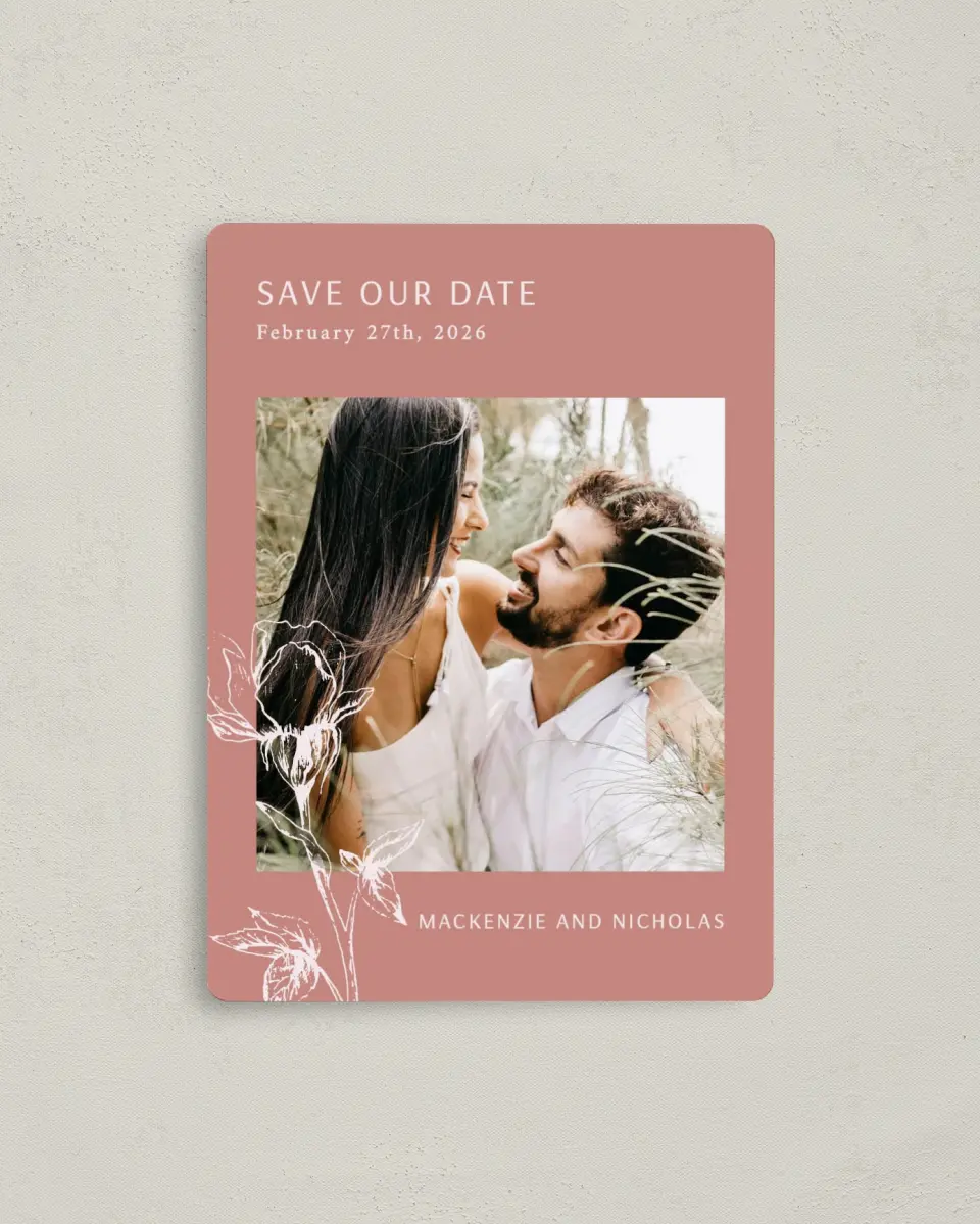 This is a 4" x 5½" Save the Date Magnet called Blooming Bud printed in full color with a Luxe Satin finish