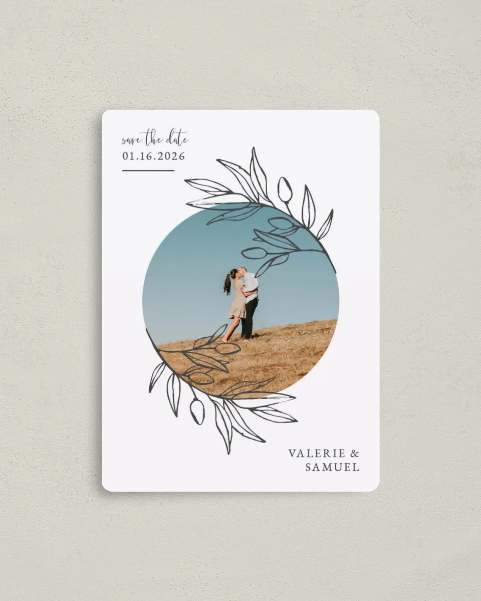 This is a 4" x 5½" Save the Date Magnet called Branch Sketch printed in full color with a Luxe Satin finish