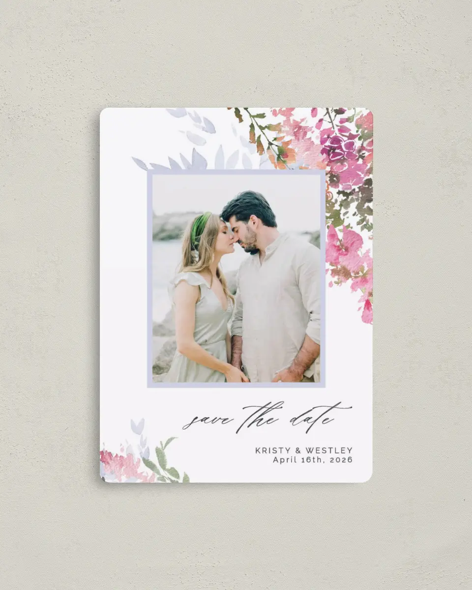 This is a 4" x 5½" Save the Date Magnet called Blushing Bouquet printed in full color with a Luxe Satin finish