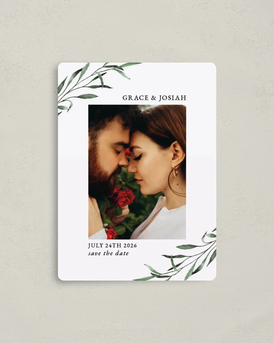 This is a 4" x 5½" Save the Date Magnet called Tender Twig printed in full color with a Luxe Satin finish