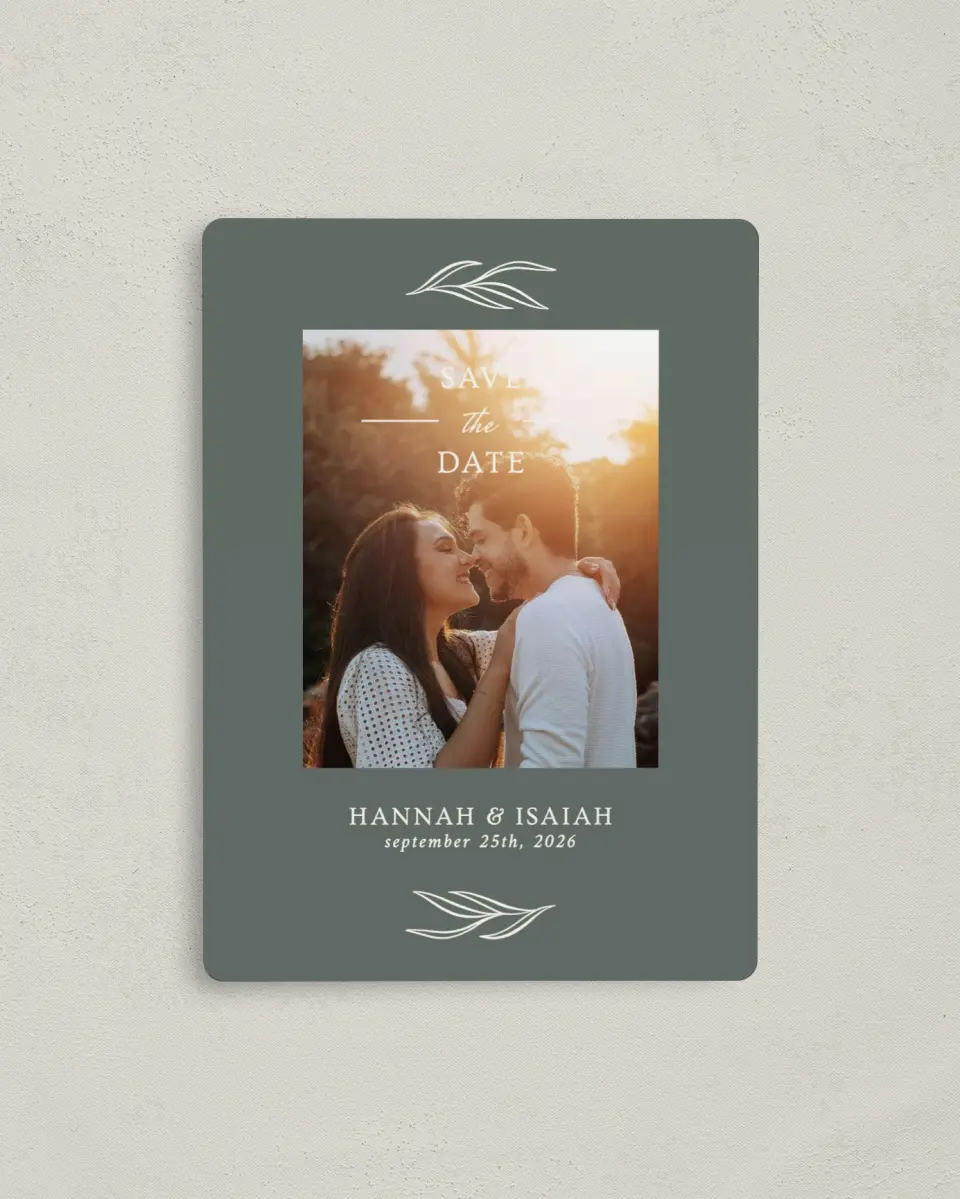 This is a 4" x 5½" Save the Date Magnet called Whisper Twig printed in full color with a Luxe Satin finish