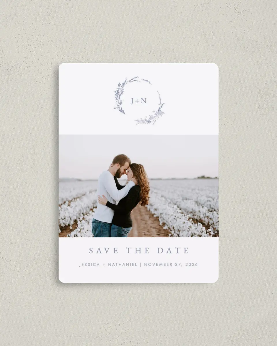 This is a 4" x 5½" Save the Date Magnet called Dainty Wreath printed in full color with a Luxe Satin finish