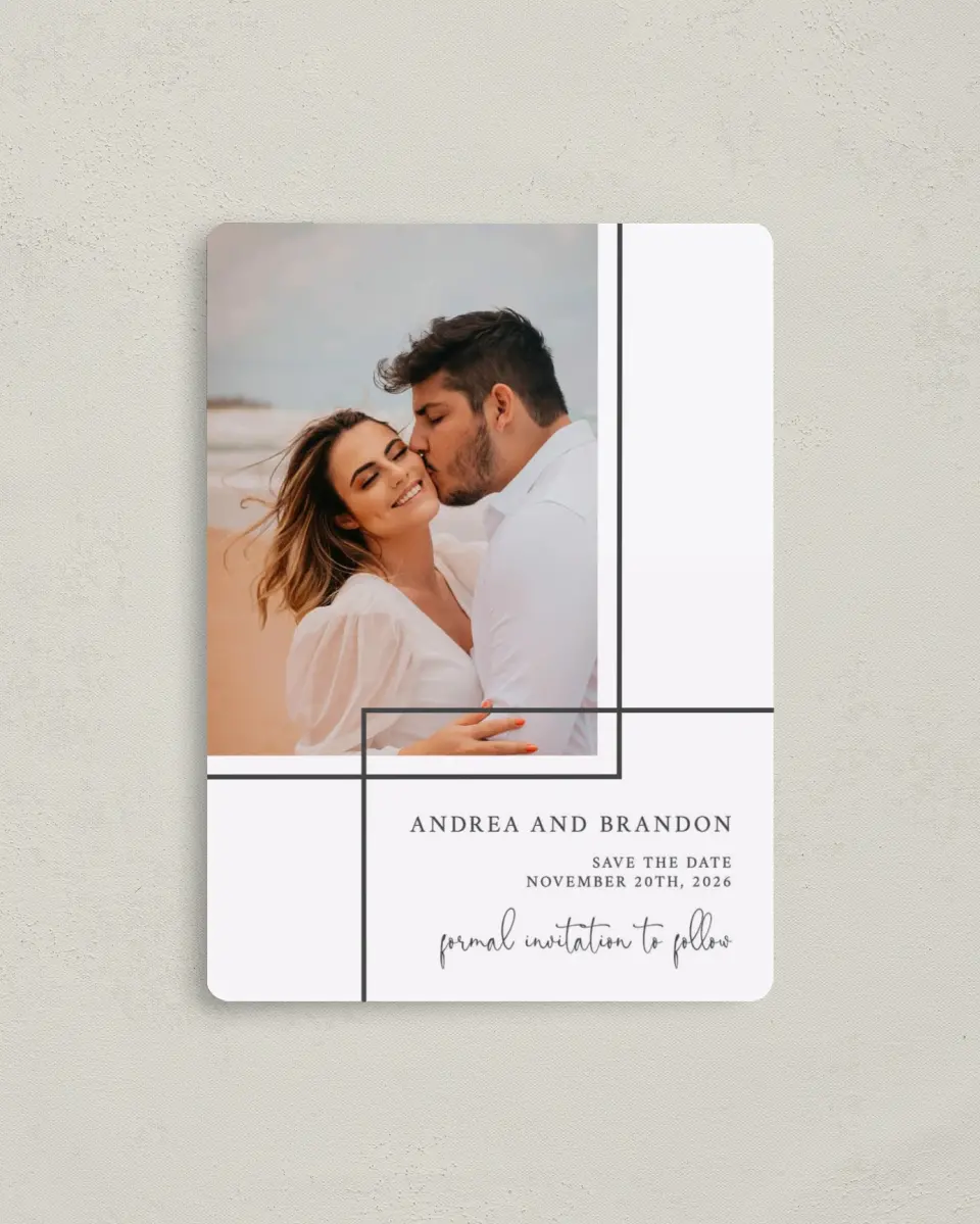 This is a 4" x 5½" Save the Date Magnet called Joined Lines printed in full color with a Luxe Satin finish