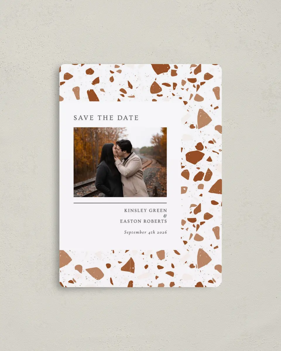 This is a 4" x 5½" Save the Date Magnet called Cornerstone of Love printed in full color with Silver foil and a Luxe Satin finish