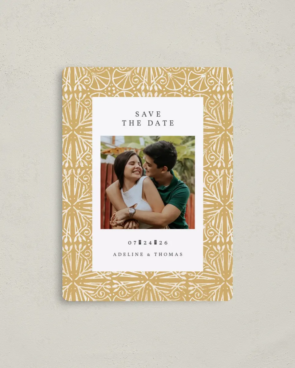 This is a 4" x 5½" Save the Date Magnet called Decorated Luxury printed in full color with a Luxe Satin finish