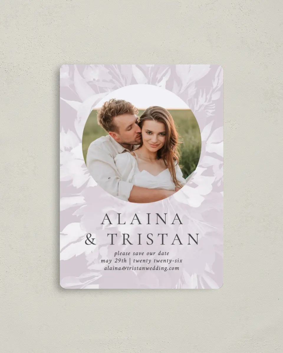 This is a 4" x 5½" Save the Date Magnet called Floral Burst printed in full color with a Luxe Satin finish