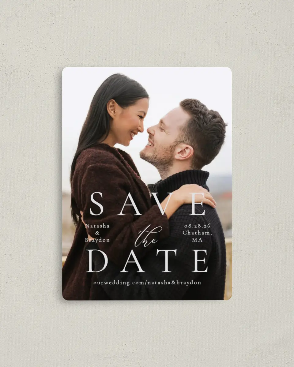 This is a 4" x 5½" Save the Date Magnet called Timeless Order printed in full color with a Luxe Satin finish