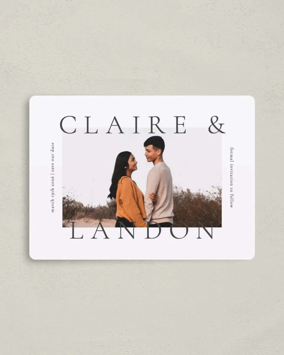 This is a 4" x 5½" Save the Date Magnet called Majestic Love printed in full color with a Luxe Satin finish