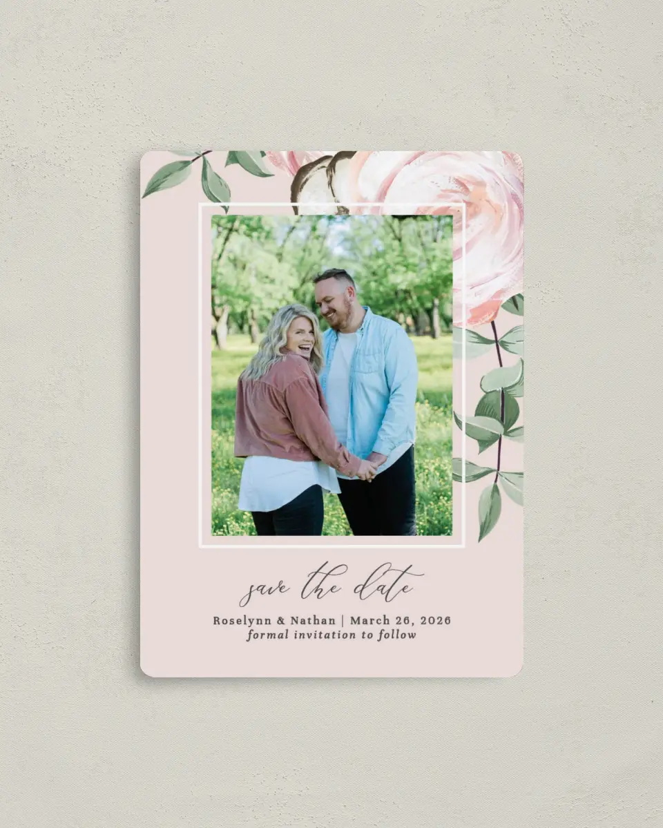 This is a 4" x 5½" Save the Date Magnet called Soft Rose printed in full color with a Luxe Satin finish
