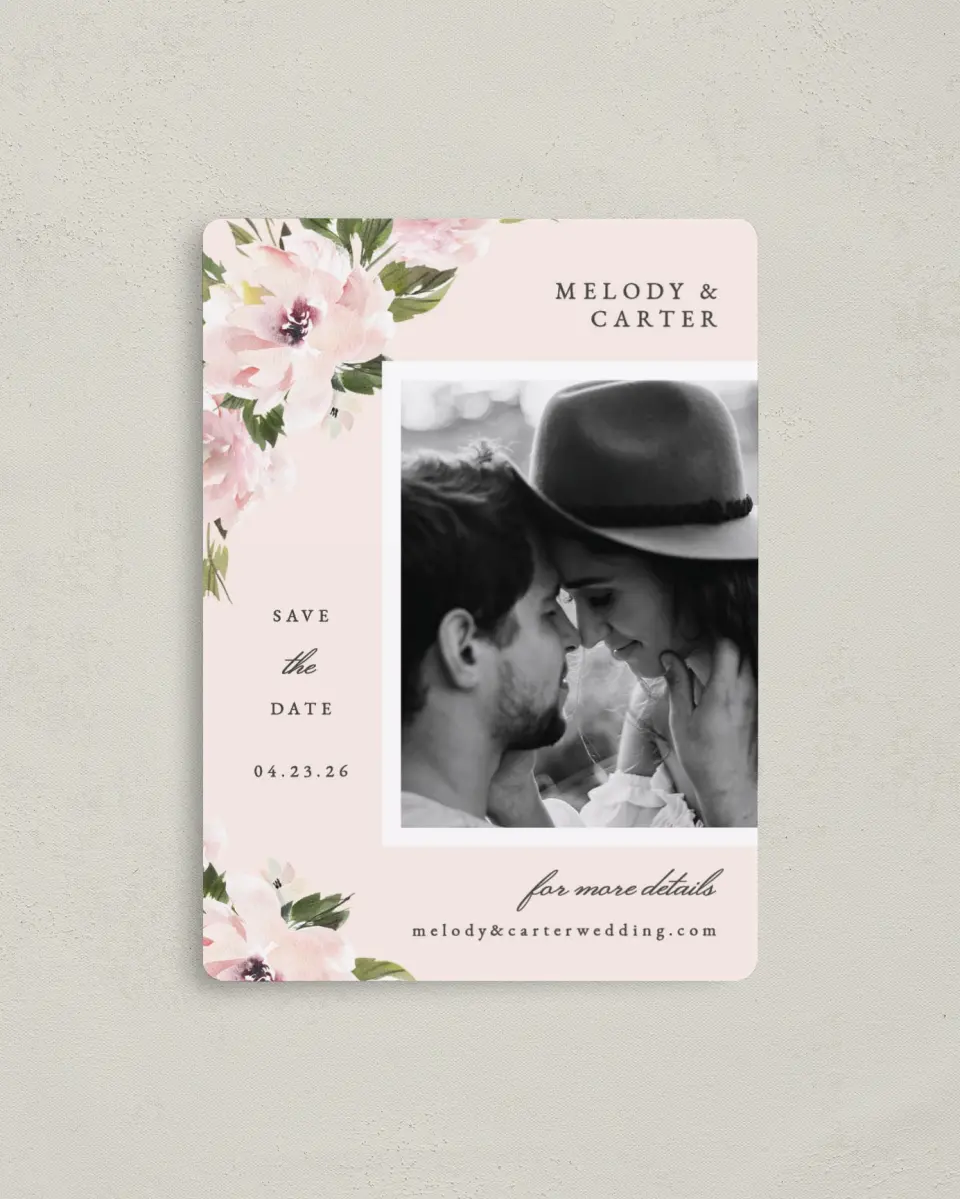 This is a 4" x 5½" Save the Date Magnet called Sweet Floral printed in full color with a Luxe Satin finish