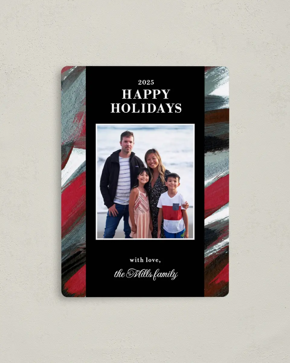 This is a 4" x 5½" Christmas Card called Holiday Swashes printed in full color with Silver foil and a Luxe Satin finish