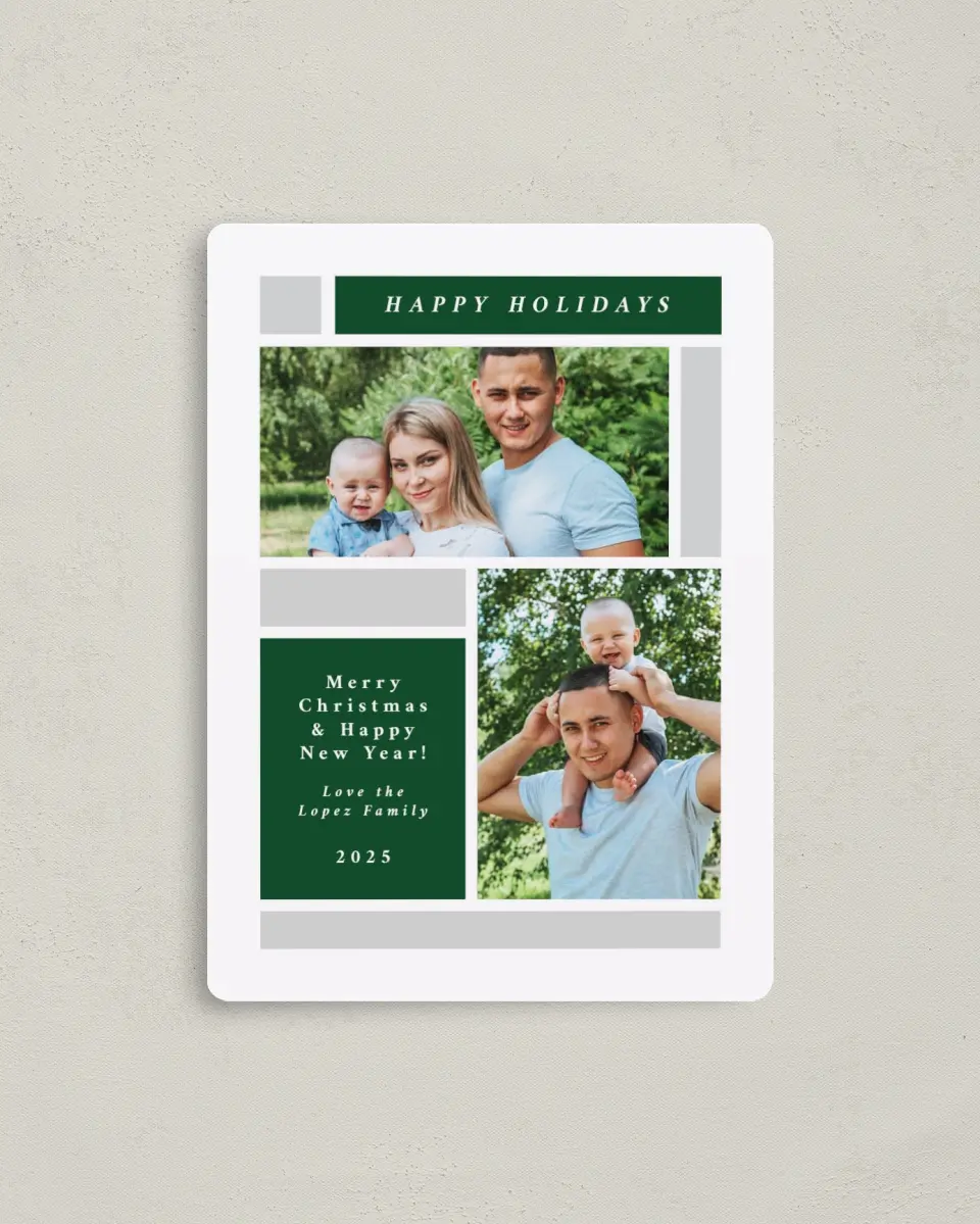 This is a 4" x 5½" Christmas Card called Holiday Boxes printed in full color with a Luxe Satin finish