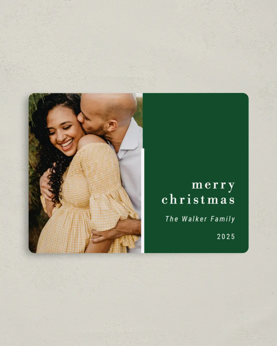 This is a 4" x 5½" Christmas Card called Breathless Christmas printed in full color with Silver foil and a Luxe Satin finish