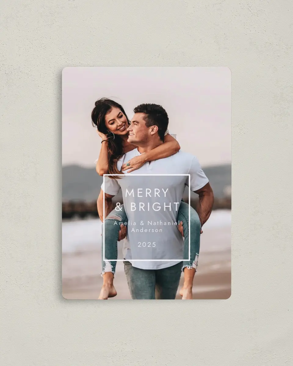 This is a 4" x 5½" Christmas Card called Merry Box printed in full color with Silver foil and a Luxe Satin finish