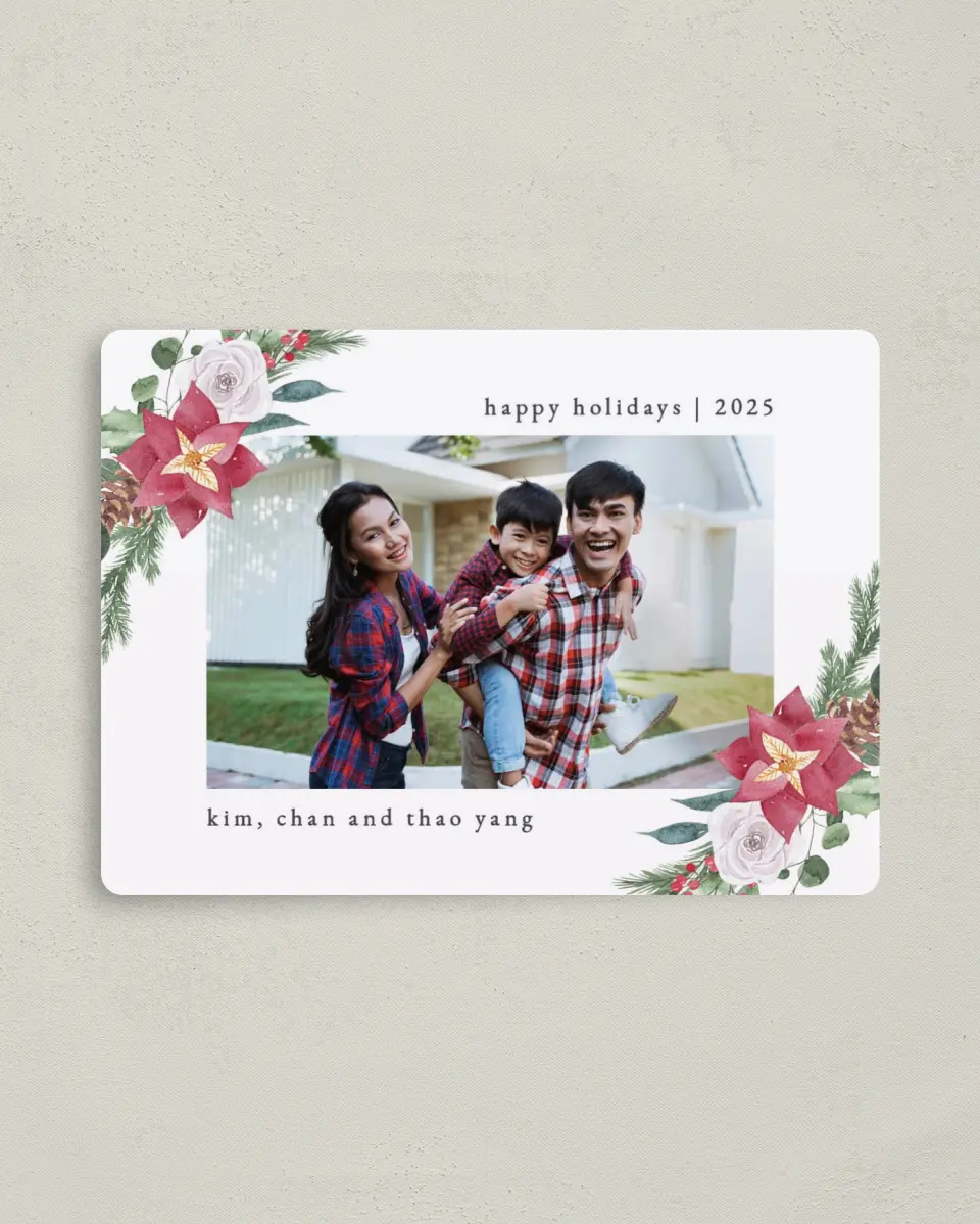 This is a 4" x 5½" Christmas Card called Winter Floral Poinsettia printed in full color with Silver foil and a Luxe Satin finish