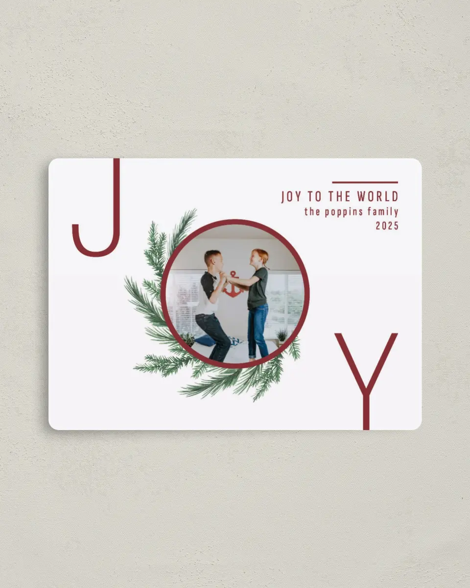 This is a 4" x 5½" Christmas Card called Wreath of Joy printed in full color with a Luxe Satin finish