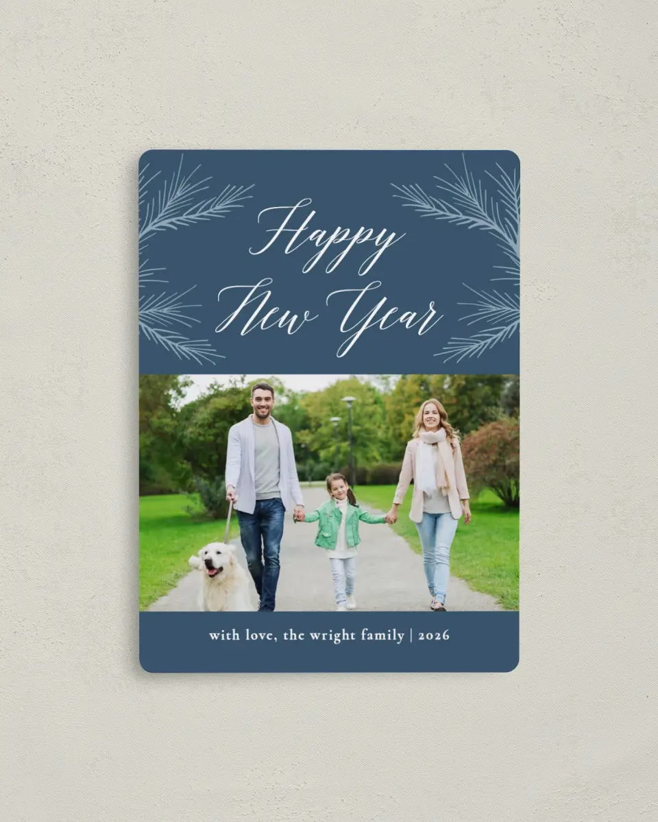 This is a 4" x 5½" Christmas Card called Winter Boughs printed in full color with Silver foil and a Luxe Satin finish