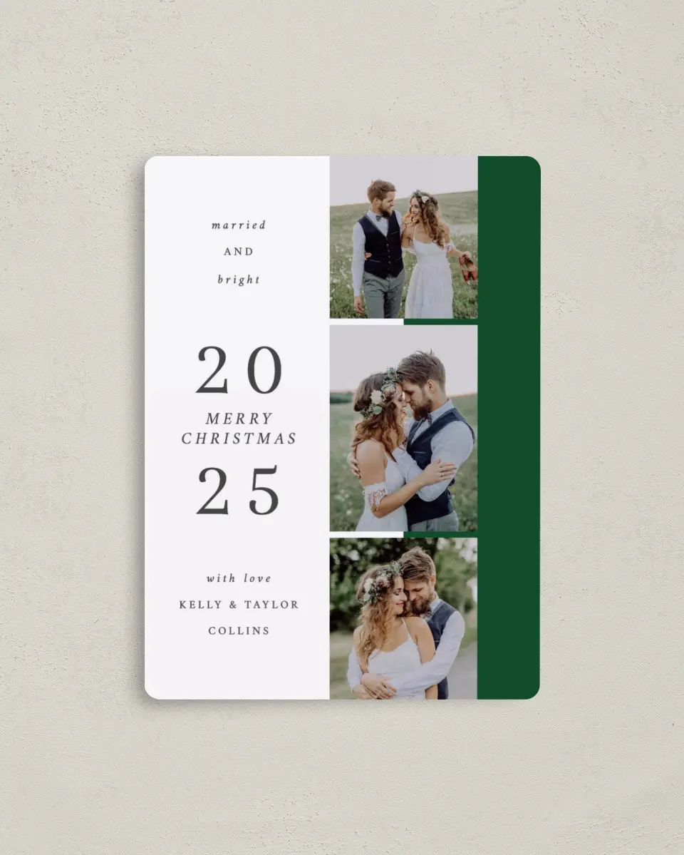 This is a 4" x 5½" Christmas Card called Married and Bright printed in full color with a Luxe Satin finish