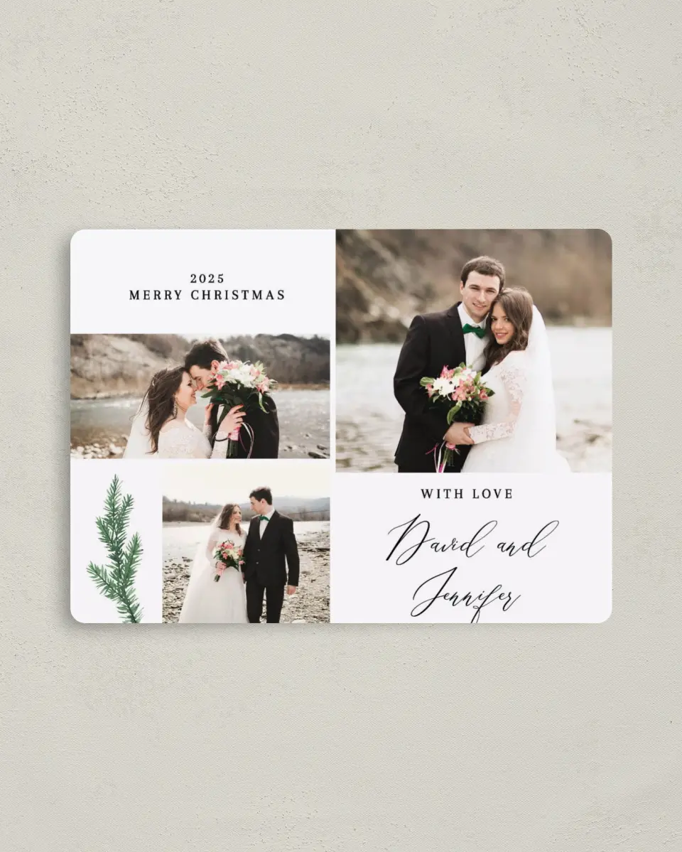 This is a 4" x 5½" Christmas Card called Happy Greetings printed in full color with a Luxe Satin finish