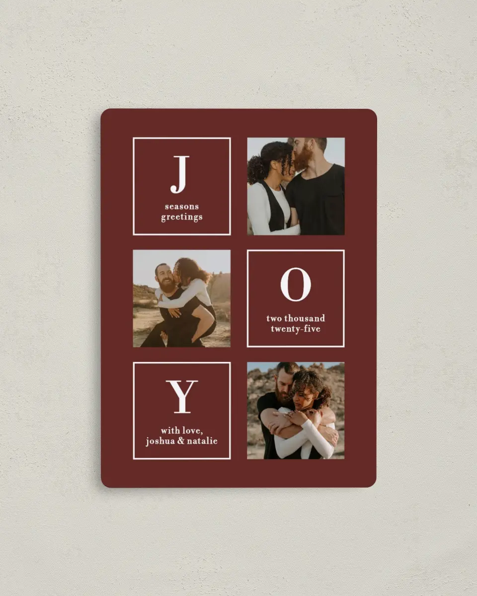 This is a 4" x 5½" Christmas Card called Boxed Joy printed in full color with a Luxe Satin finish