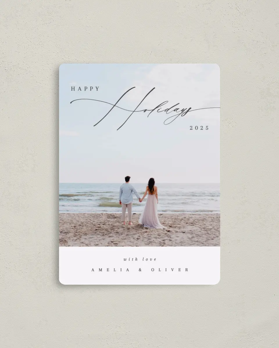 This is a 4" x 5½" Christmas Card called Expansive Holidays printed in full color with Silver foil and a Luxe Satin finish