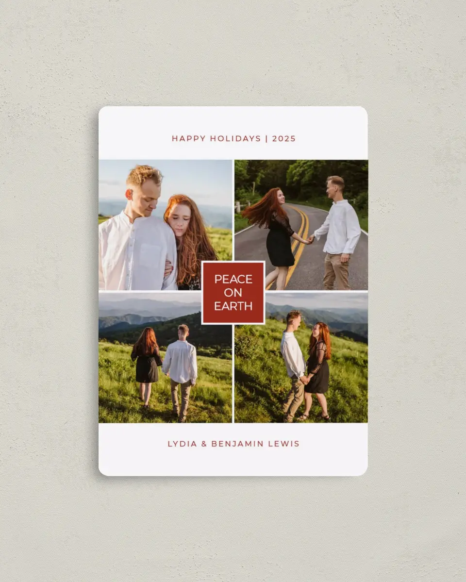 This is a 4" x 5½" Christmas Card called Peace Box printed in full color with a Luxe Satin finish