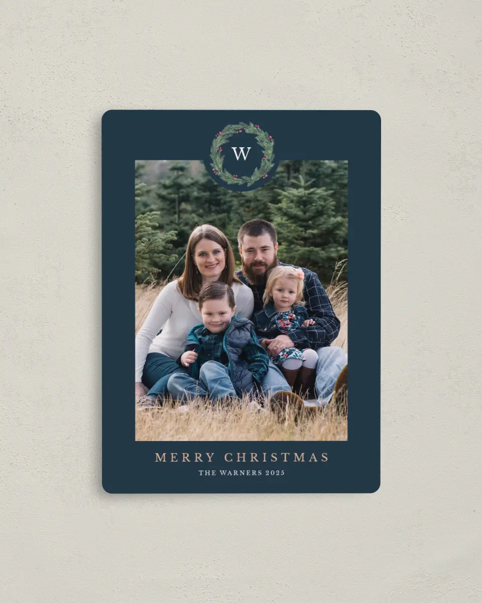 This is a 4" x 5½" Christmas Card called Holiday Wreath printed in full color with Silver foil and a Luxe Satin finish