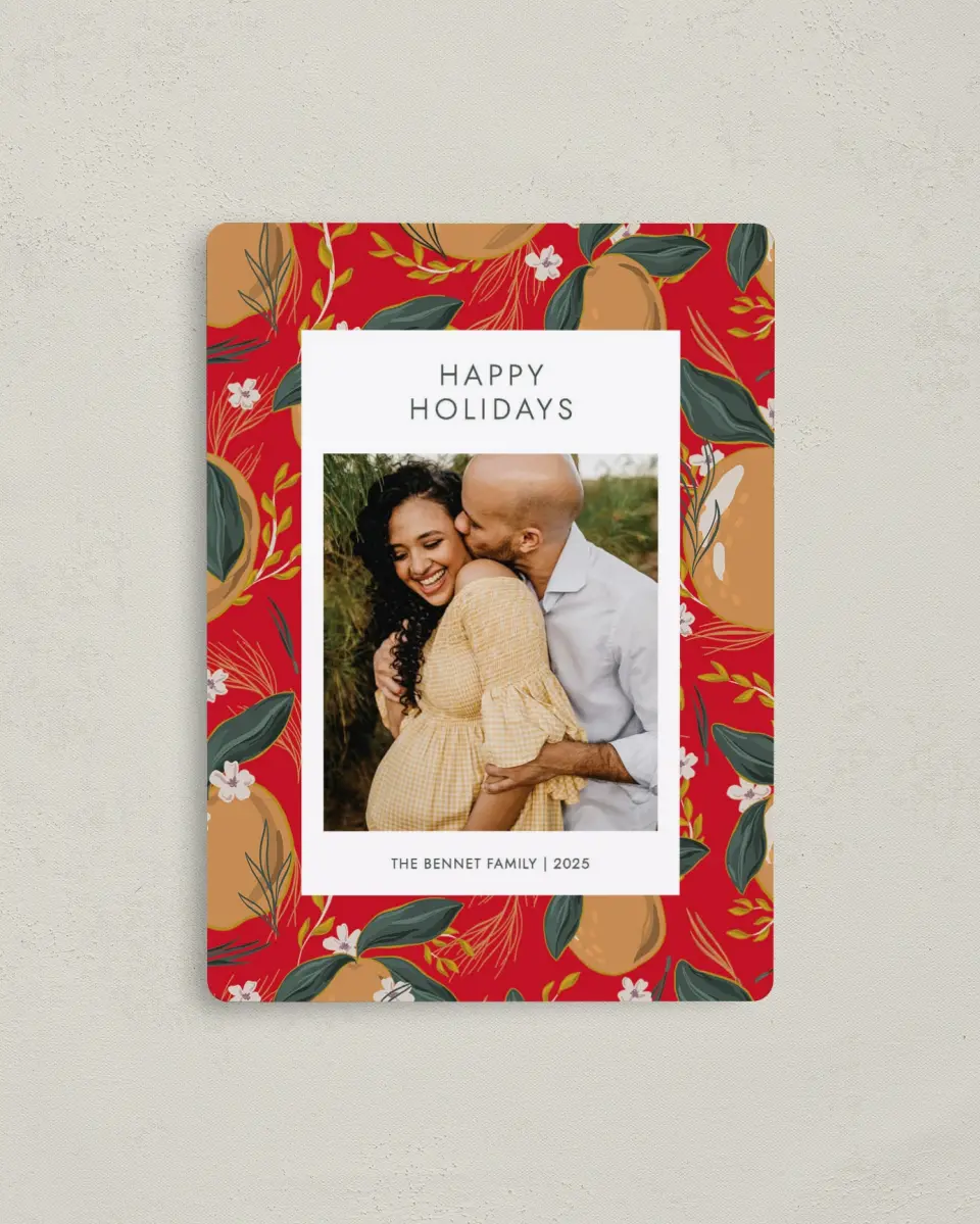 This is a 4" x 5½" Christmas Card called Festive Fruit printed in full color with a Luxe Satin finish