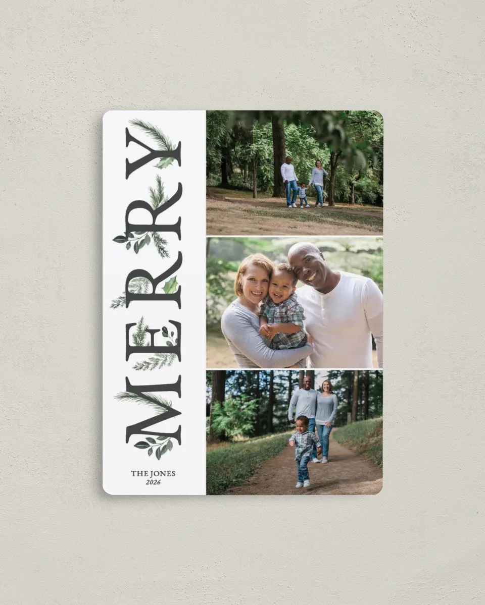This is a 4" x 5½" Christmas Card called Merry Tidings printed in full color with a Luxe Satin finish