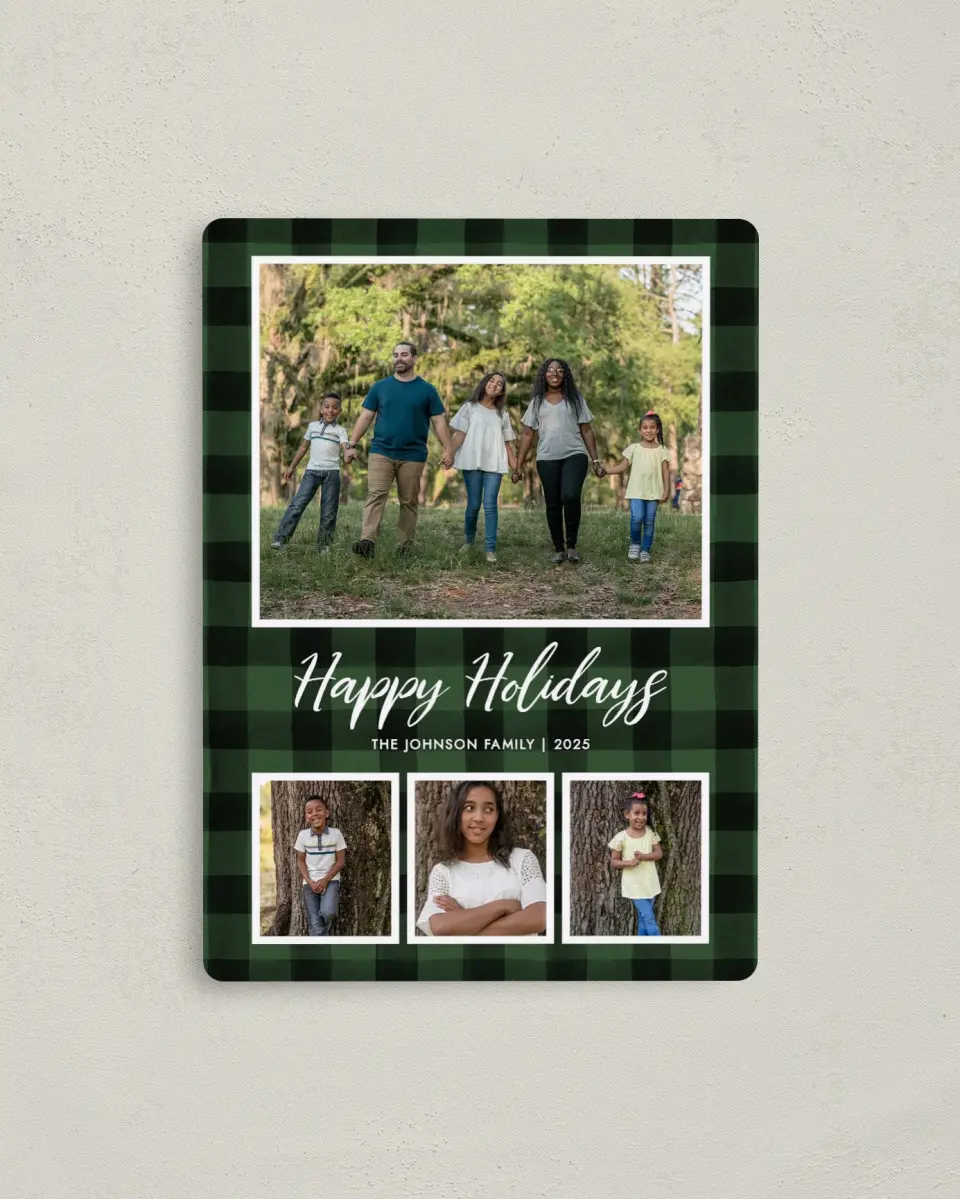 This is a 4" x 5½" Christmas Card called Holiday Check printed in full color with Silver foil and a Luxe Satin finish