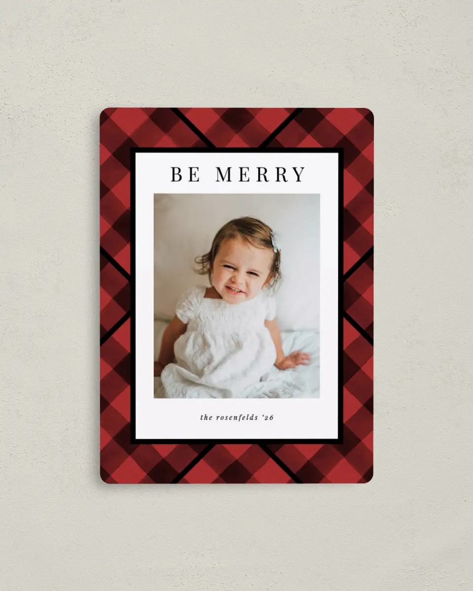 This is a 4" x 5½" Christmas Card called Checkered Cheer printed in full color with a Luxe Satin finish