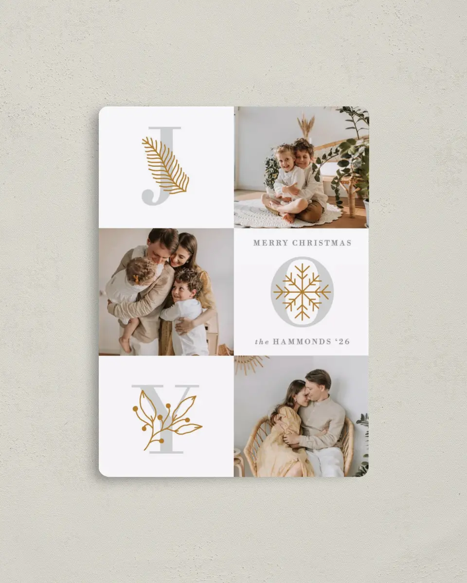 This is a 4" x 5½" Christmas Card called Lustrous Joy printed in full color with a Luxe Satin finish