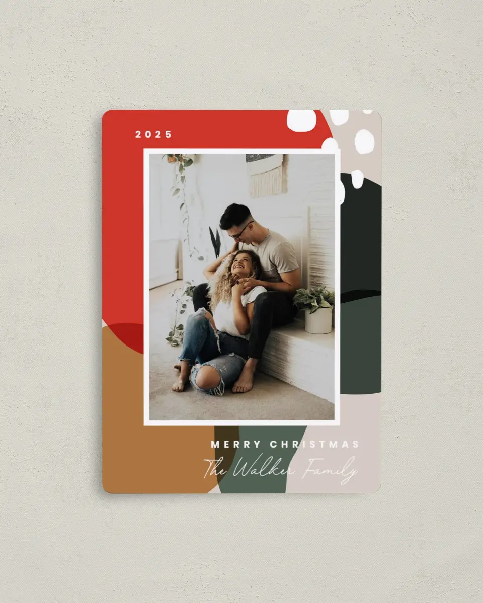 This is a 4" x 5½" Christmas Card called Holiday Hues printed in full color with Silver foil and a Luxe Satin finish