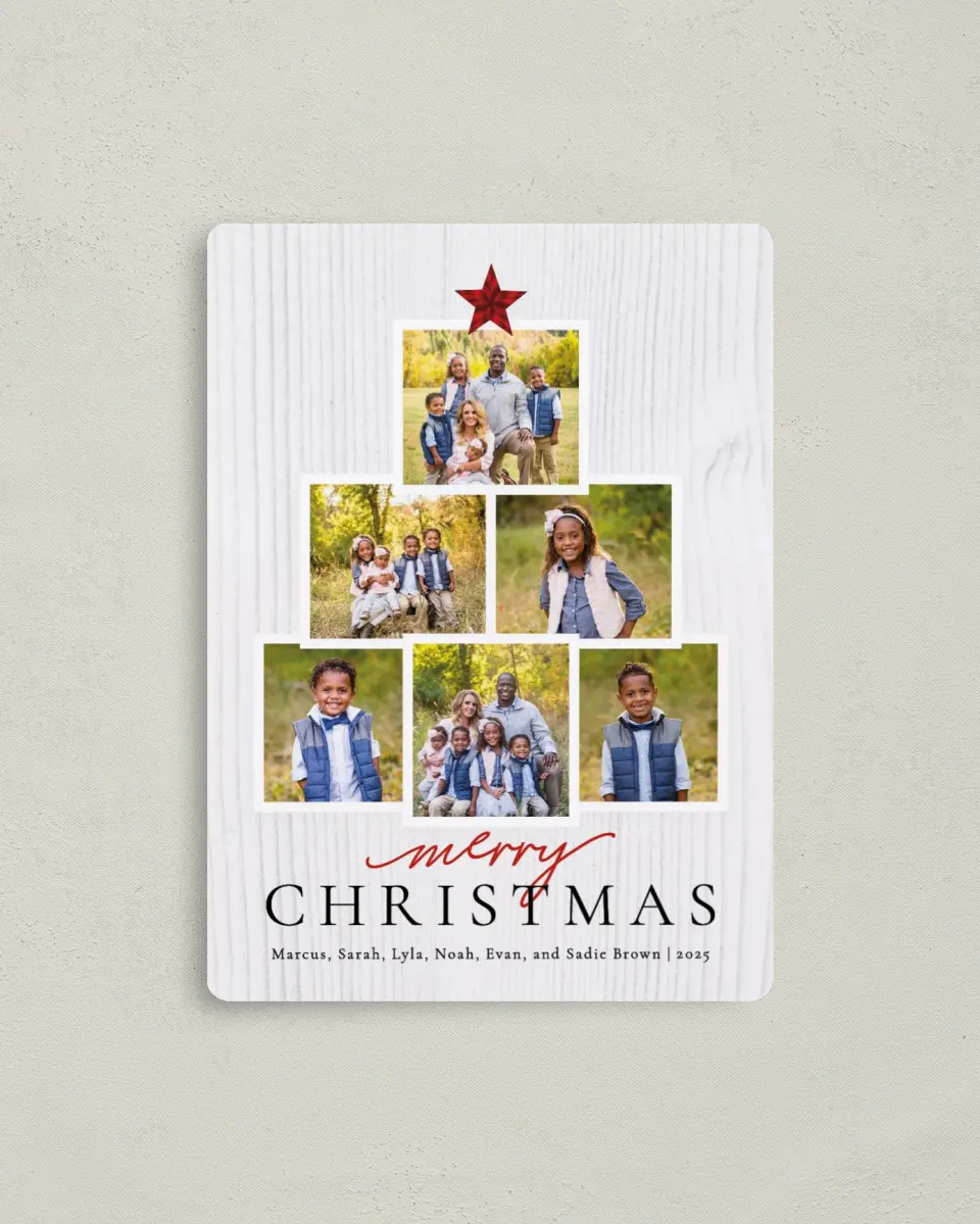 This is a 4" x 5½" Christmas Card called Stacked Tree printed in full color with Silver foil and a Luxe Satin finish