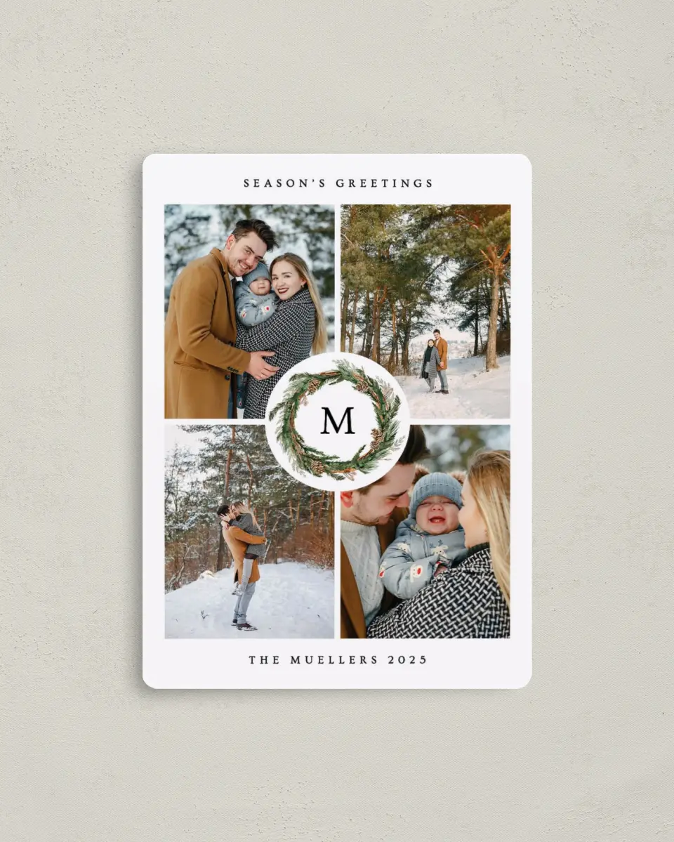 This is a 4" x 5½" Christmas Card called Frosted Wreath printed in full color with a Luxe Satin finish