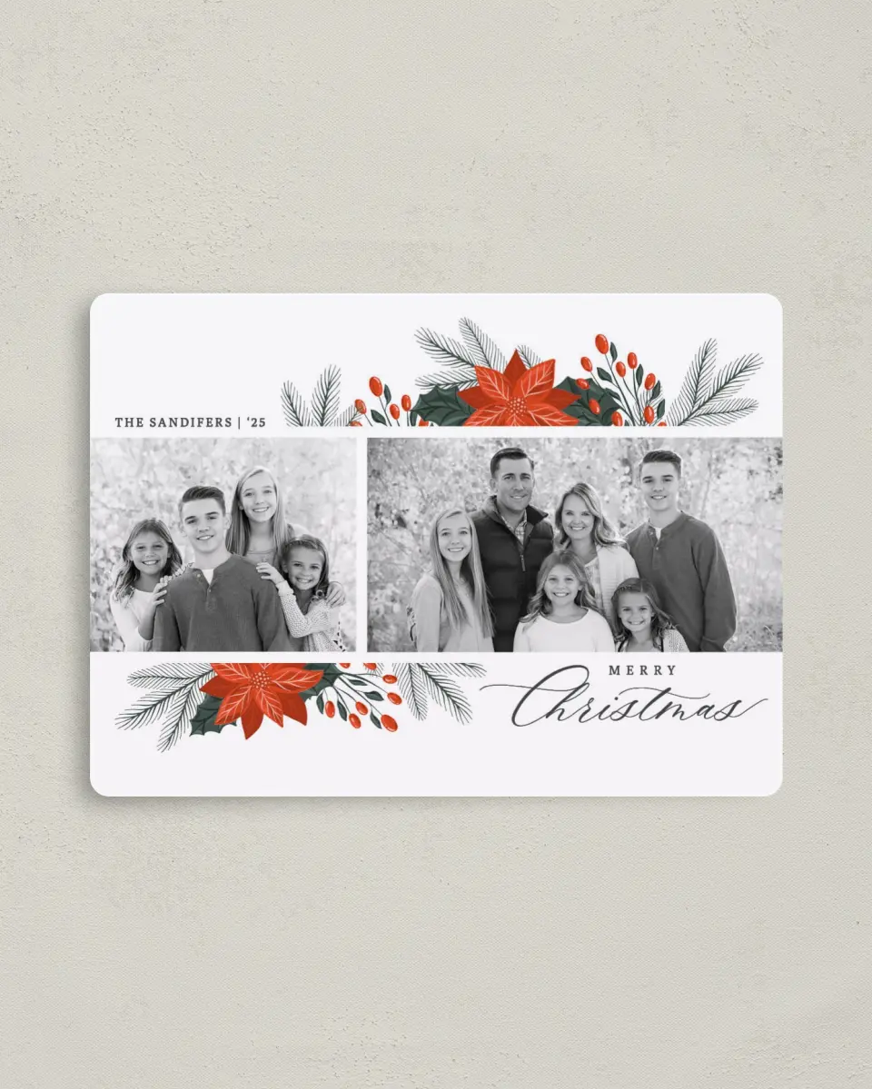 This is a 4" x 5½" Christmas Card called Peaceful Poinsettia printed in full color with a Luxe Satin finish