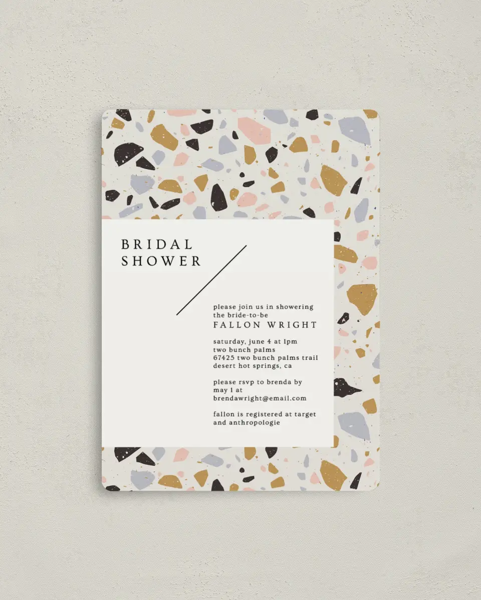 This is a 4" x 5½" Bridal Shower Invitation Magnet called Modern Terrazzo printed in full color with a Luxe Satin finish