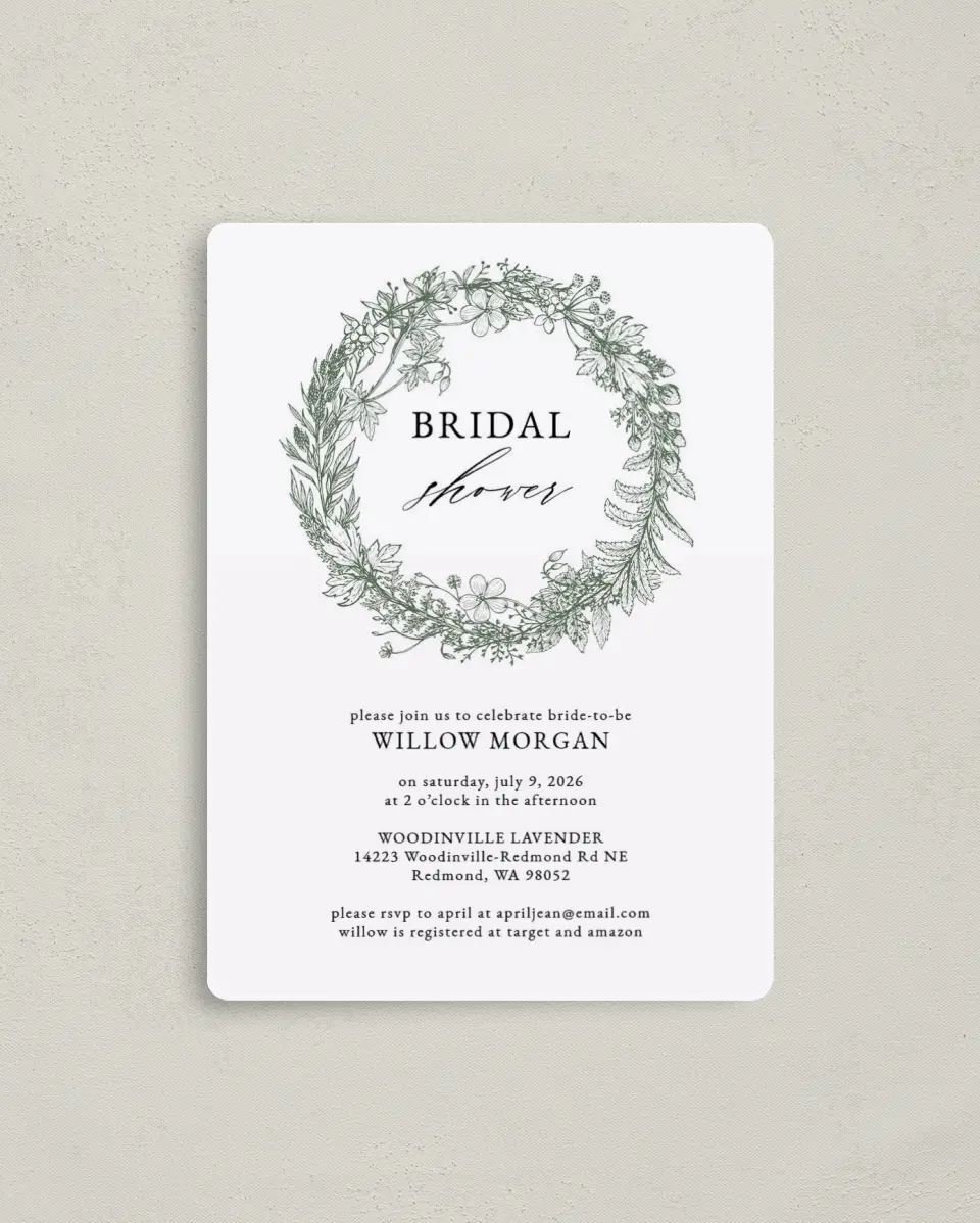 This is a 4" x 5½" Bridal Shower Invitation Magnet called Budding Wreath printed in full color with a Luxe Satin finish
