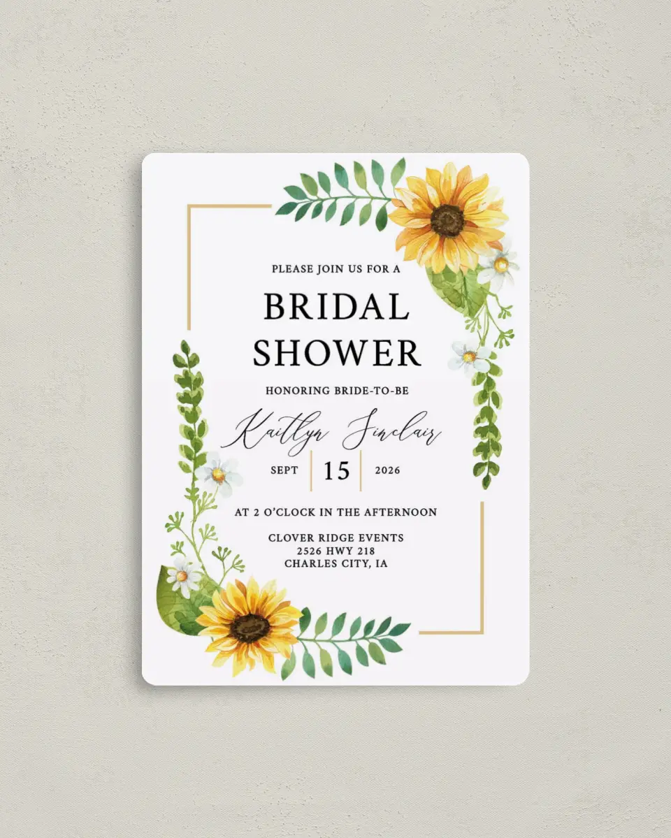 This is a 4" x 5½" Bridal Shower Invitation Magnet called Sunflower Shower printed in full color with a Luxe Satin finish
