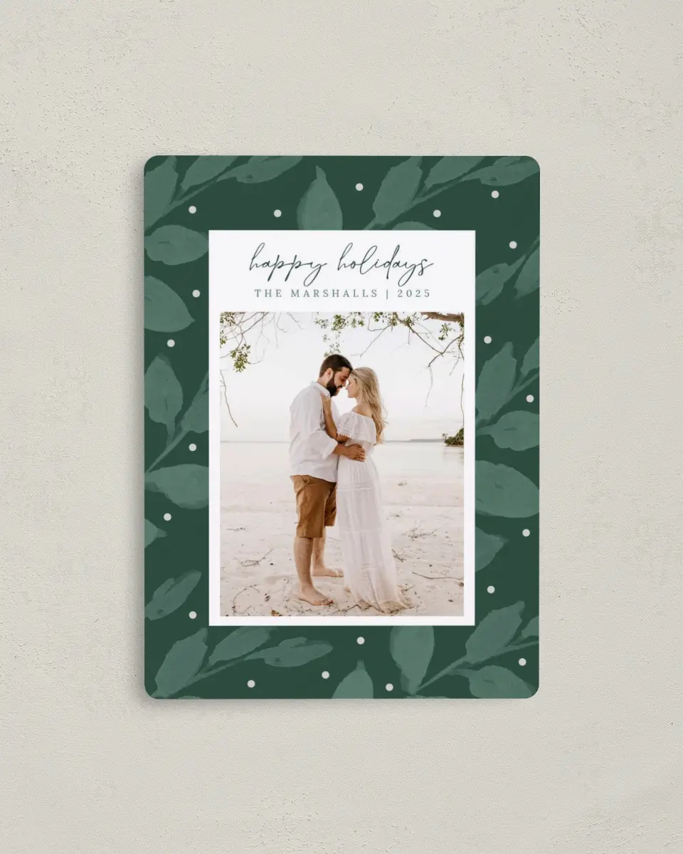 This is a 4" x 5½" Christmas Card called Holiday Greenery printed in full color with a Luxe Satin finish