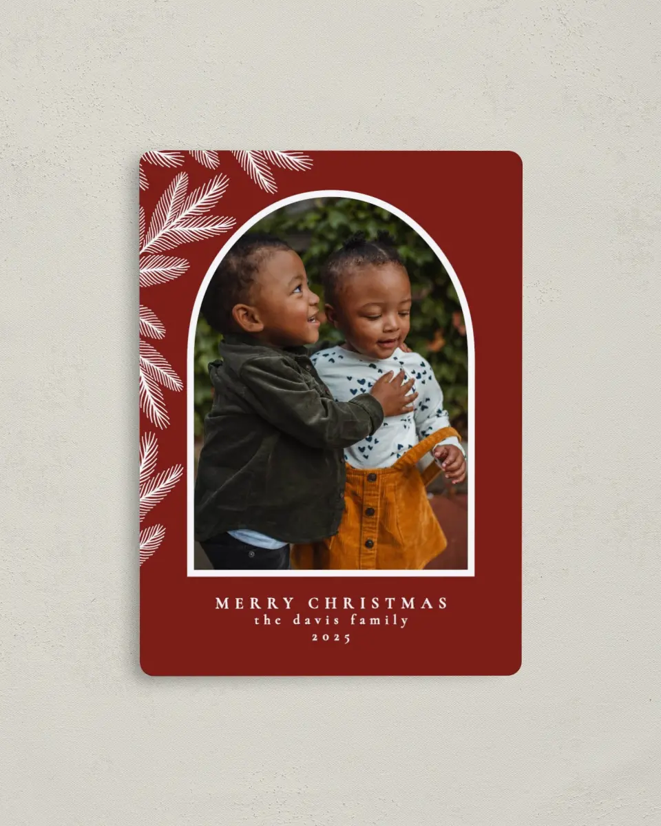 This is a 4" x 5½" Christmas Card called Pine Corner printed in full color with Silver foil and a Luxe Satin finish