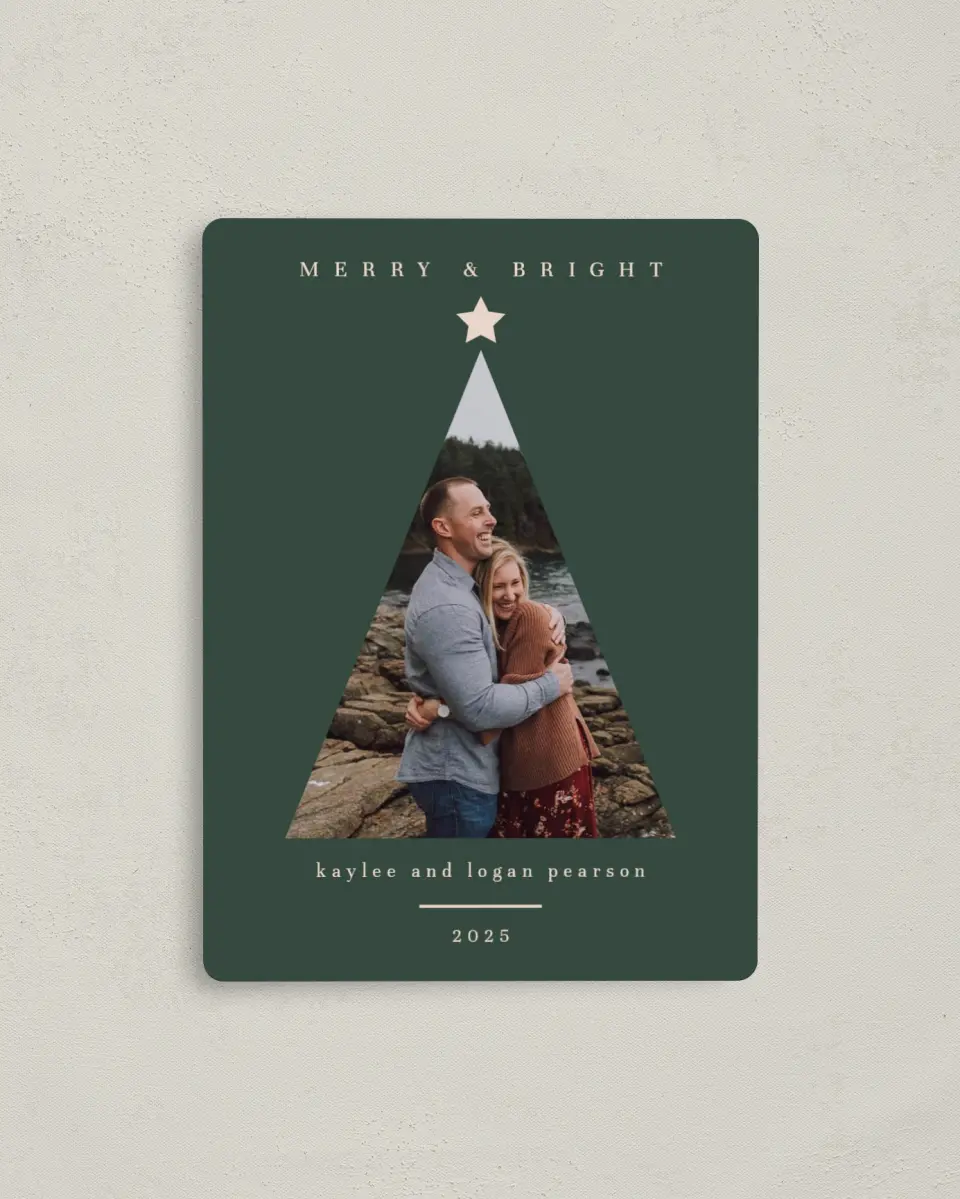 This is a 4" x 5½" Christmas Card called Graphic Tree printed in full color with Silver foil and a Luxe Satin finish