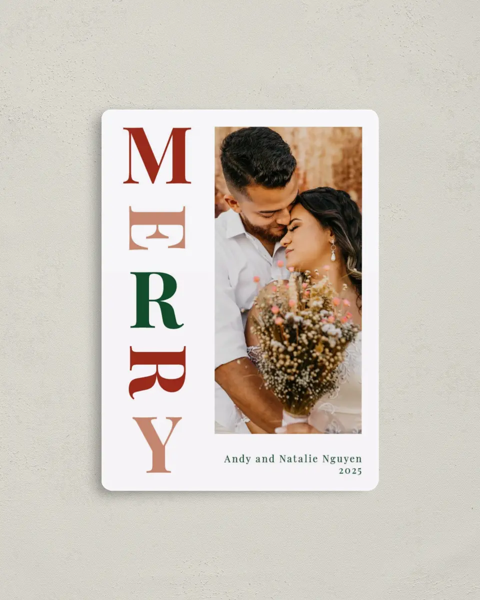 This is a 4" x 5½" Christmas Card called Mirthful Merry printed in full color with a Luxe Satin finish