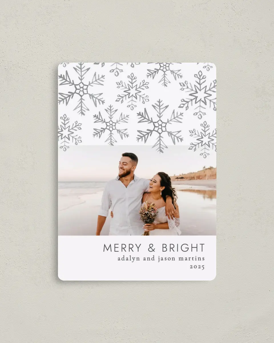This is a 4" x 5½" Christmas Card called Falling Snow printed in full color with a Luxe Satin finish